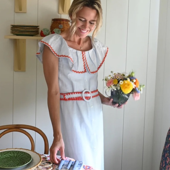 Off the Shoulder Dress, Sky Blue Linen with Red Ric Rac XS - Picture 4 of 8